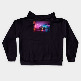 Illustration of an 80s Synthwave Neon cyberpunk supercar Kids Hoodie